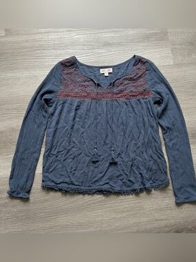 Cape Juby faded Navy blue Long-Sleeve Red Embroidered Boho Peasant Top - size M